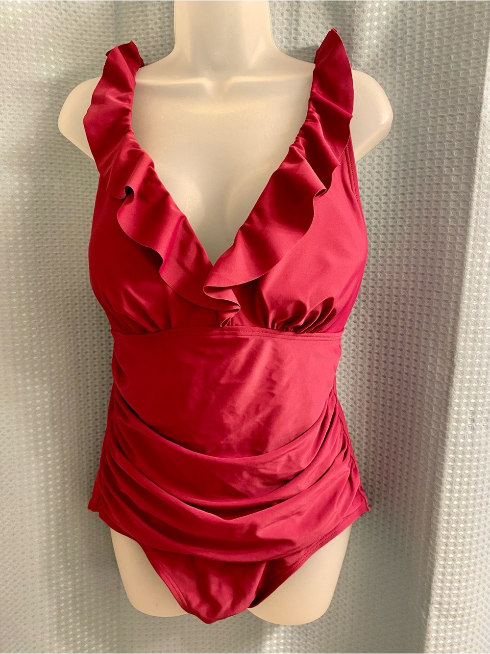 DKNY Raspberry Pink Ruffle Ruched Tummy Control One Piece Swimsuit 14 - Picture 6 of 10